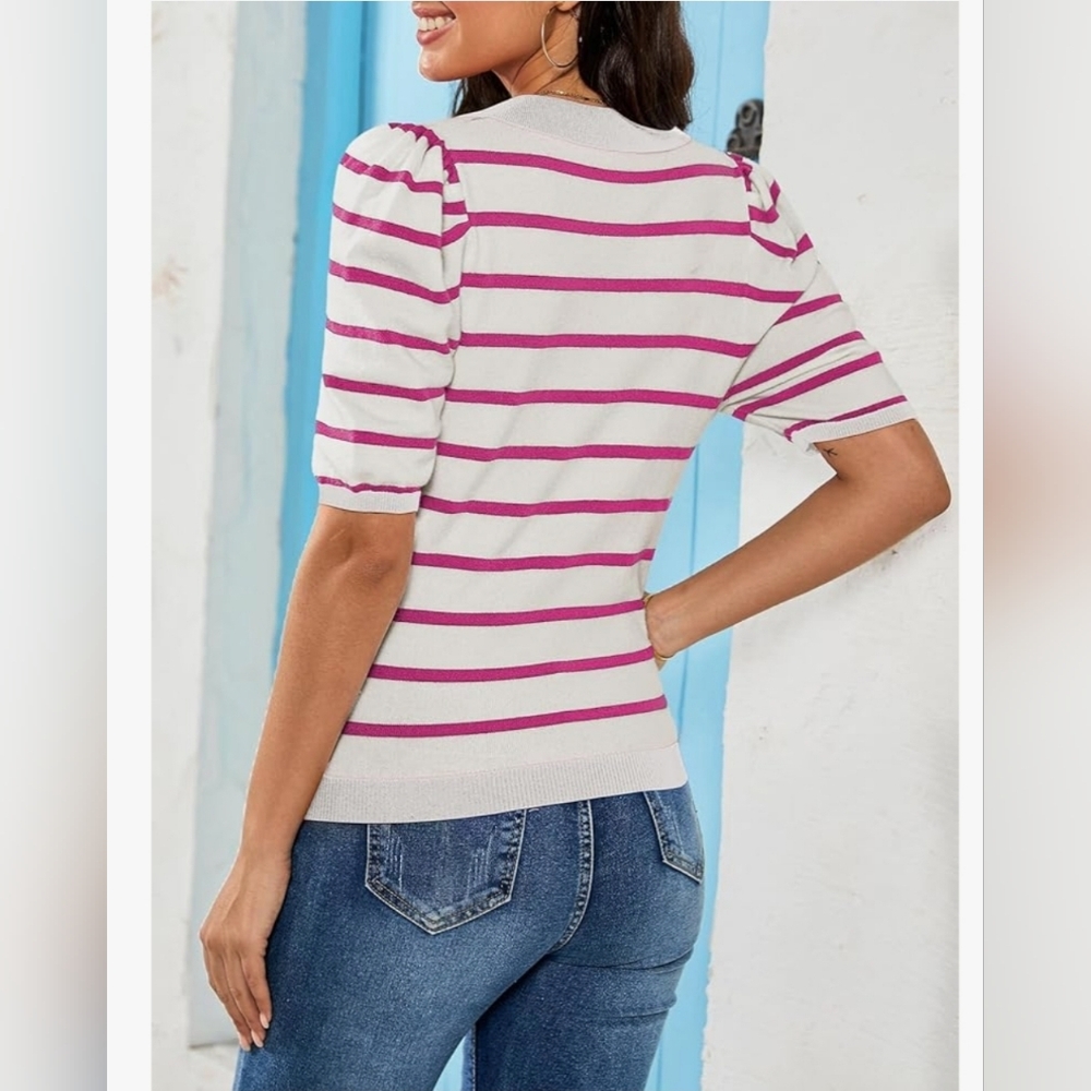 Striped Pink and White Puff Short Sleeve V Neck Women's Top - Picture 2 of 4